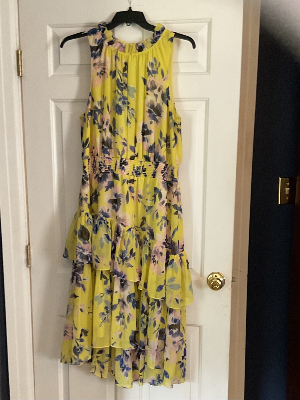 Eliza J Yellow Floral Halter Dress with Blue & Pink Accents